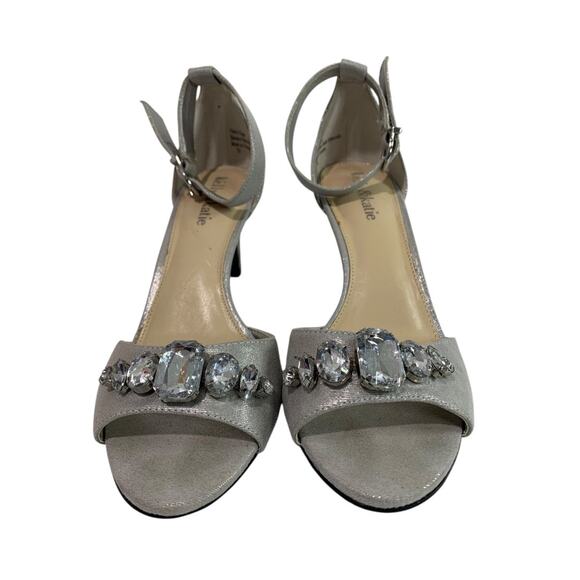 Size 7.5 Kelly & Katie Silver Bejeweled Ankle Strap 3 Inch Heels - Picture 2 of 11